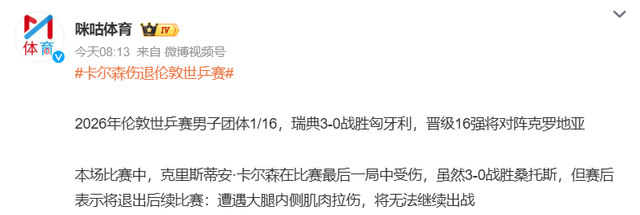 瑞典男团3比0淘汰匈牙利晋级16强 主力卡尔森伤退